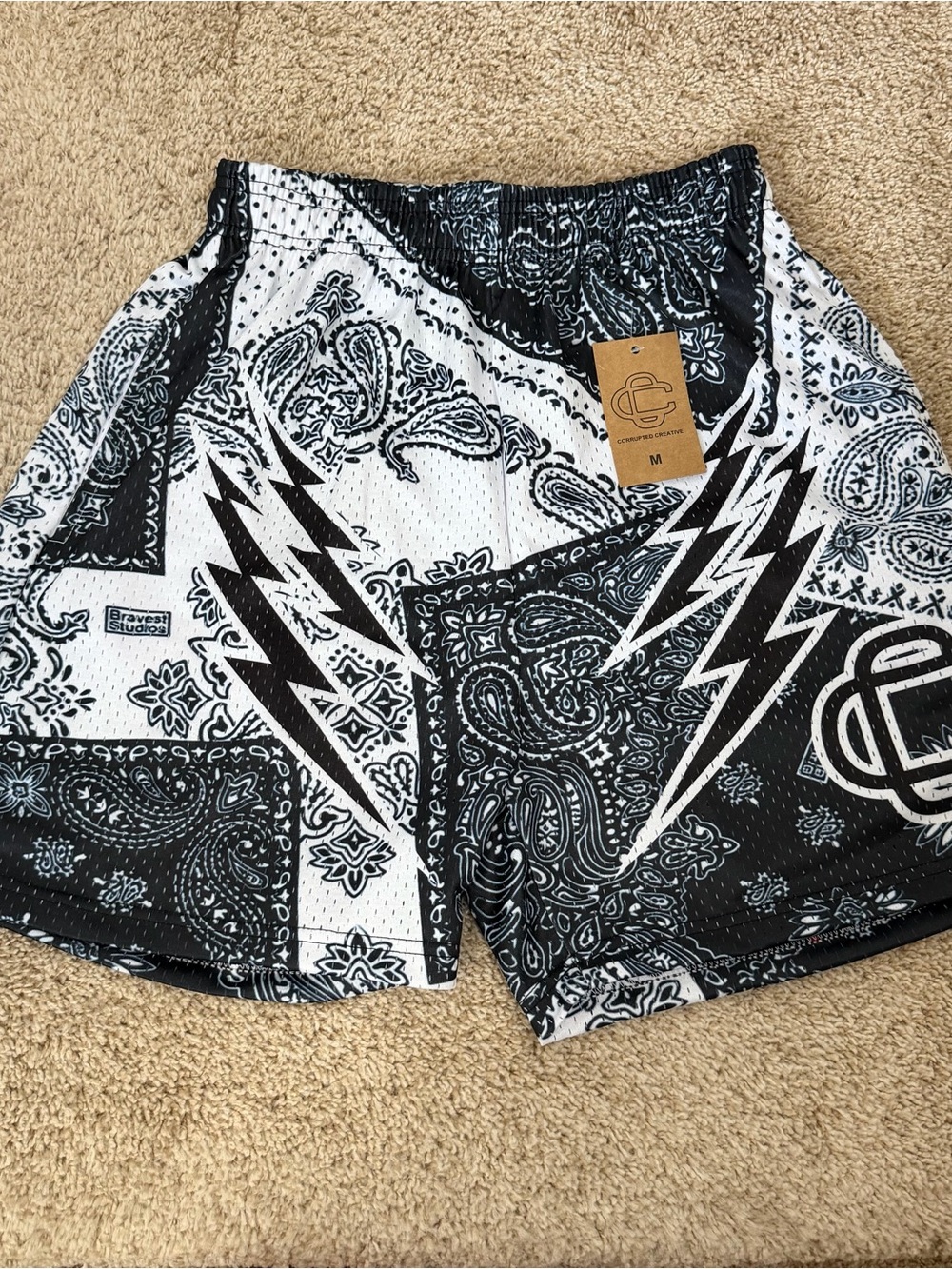 Brave Soul Black & White Paisley Athletic Shorts with Lightning Accent